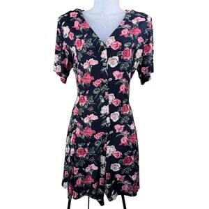 Vintage 90s Styleworks Floral Button Front Rayon‎ Romper Jumpsuit Size 10 Navy